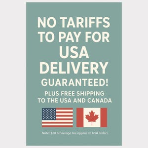 Graphic explaining that there will not be any tariffs for importing into the USA, and that shipping is free to the USA and Canada, Coast Chimes.