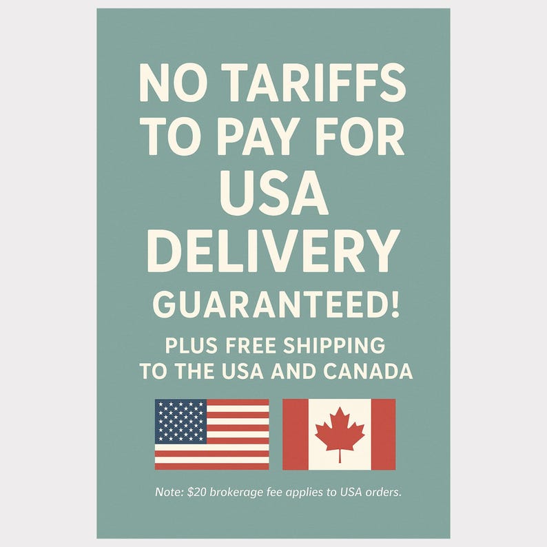 Graphic explaining that there will not be any tariffs for importing into the USA, and that shipping is free to the USA and Canada, Coast Chimes.