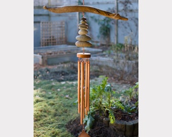 Wind Chime Driftwood Beach Stones 7 Large Copper Chimes Outdoor Zen Soothing