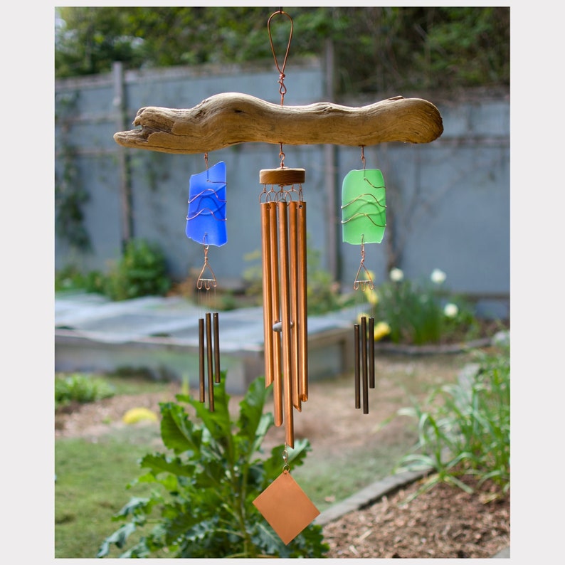 Large driftwood and sea glass triple wind chime, with copper and brass chimes.