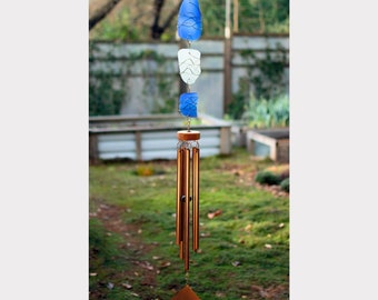 Sea Beach Glass Large Wind Chime with Genuine Copper Chimes - Outdoor All Season