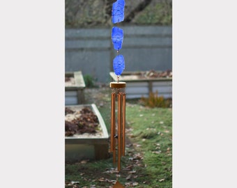 Wind Chime Cobalt Blue Sea Glass 5 Large Copper Chimes Outdoor Windchime