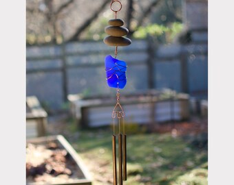 Wind Chime Cobalt Blue Glass Sea Glass Beach Glass Copper Beach Stones Windchime