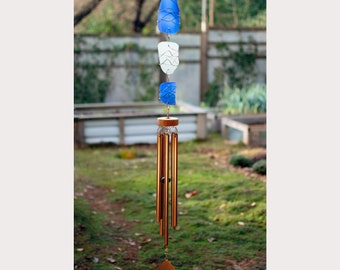 Sea Beach Glass Large Wind Chime with Genuine Copper Chimes - Outdoor All Season
