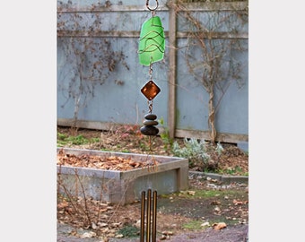 Wind Chime Green Glass Beach Stones Copper Brass Outdoor Chimes