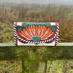 Cartera de piel con repujado para mujer, estilo occidental, con cremallera, tarjetero, color marrón turquesa/regalos para ella