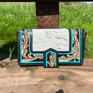 Portafoglio western in pelle lavorata per donna, con cerniera, pochette, porta carte, borse western turchesi/regali per lei