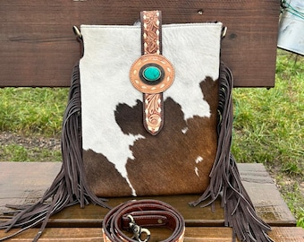 Turquoise Cowhide Crossbody Bag: Western Tooled Leather Fringe Purse