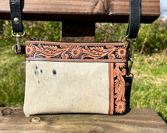 Cowhide Leather Crossbody Bag: Tooled Floral Western Clutch