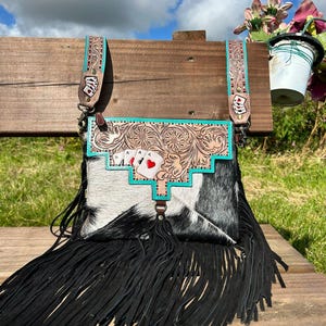 Sac à main Western Aces, sac à main bandoulière poker en cuir de vachette avec franges sac à main messager en cuir repoussé marron