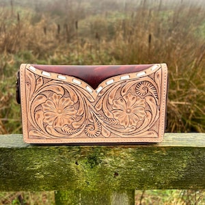 Cartera de piel con repujado para mujer, estilo occidental, con cremallera, tarjetero, color marrón turquesa/regalos para ella
