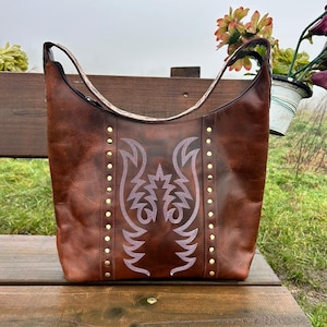 Hand Tooled Leather Cowhide Purse: Western Crossbody Tote Bag