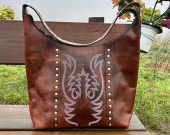 Hand Tooled Leather Cowhide Purse: Western Crossbody Tote Bag