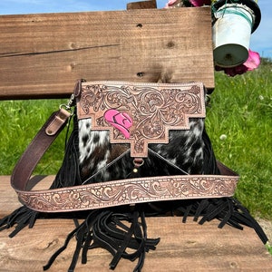 Tooled Leather Cowhide Crossbody Bag: Western Fringe Purse