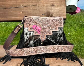 Tooled Leather Cowhide Crossbody Bag: Western Fringe Purse