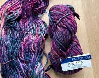 Super bulky hand dyed wool yarn, Malabrigo Rasta Boreal Merino wool yarn, pink and purple merino wool super bulky yarn