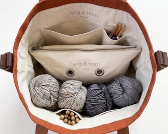 Knitting Project bag with pockets, customized knitting project bag crochet yarn organizer, craft supply/tool PLUS handmade stitch marker