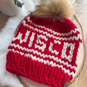 Red and white Wisconsin hat, wool hat WI badger colors hat, women's winter hat men's winter hat, warm beanie handmade knit hat image 2