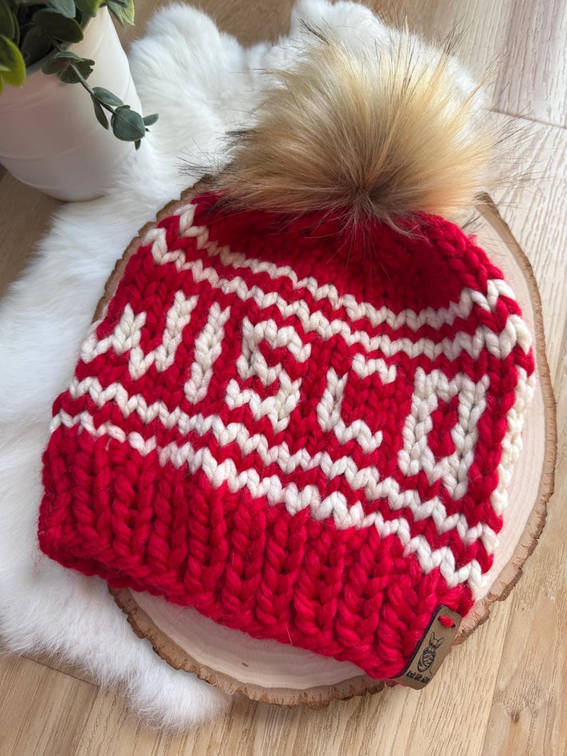 Red and white Wisconsin hat, wool hat WI badger colors hat, women's winter hat men's winter hat, warm beanie handmade knit hat image 2