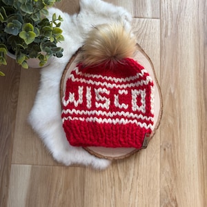Red and white Wisconsin hat, wool hat WI badger colors hat, women's winter hat men's winter hat, warm beanie handmade knit hat image 1