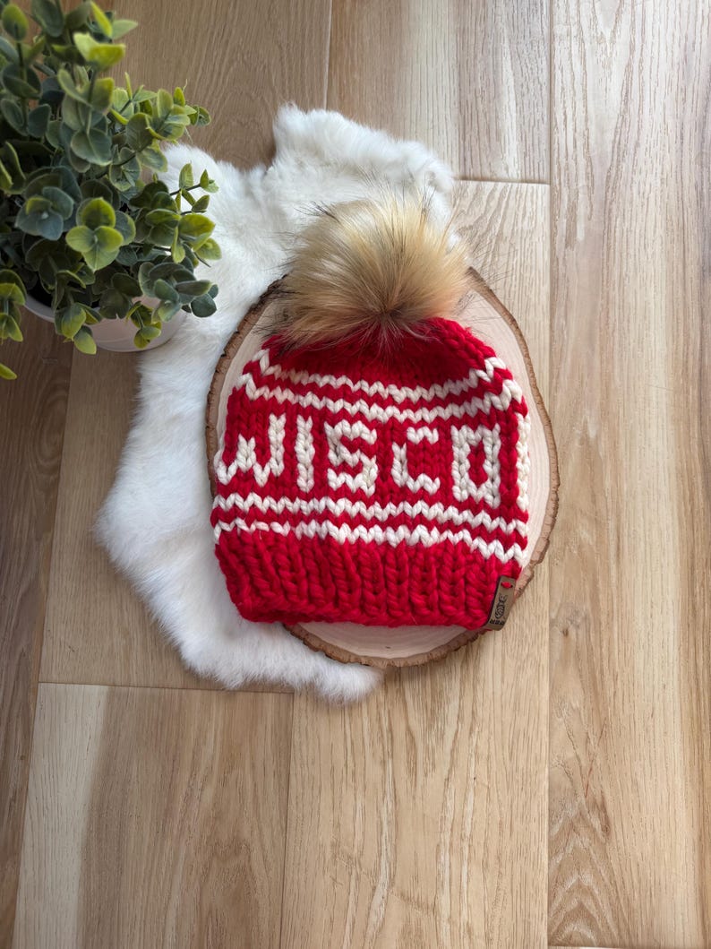 Red and white Wisconsin hat, wool hat WI badger colors hat, women's winter hat men's winter hat, warm beanie handmade knit hat image 1