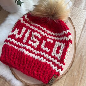 Red and white Wisconsin hat, wool hat WI badger colors hat, women's winter hat men's winter hat, warm beanie handmade knit hat image 3