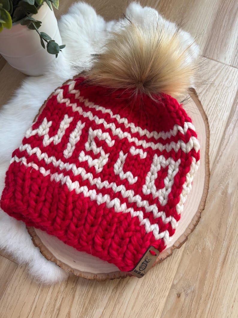 Red and white Wisconsin hat, wool hat WI badger colors hat, women's winter hat men's winter hat, warm beanie handmade knit hat image 3