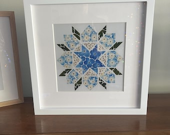 Quilt block print. 8x8 giclee art print. Unframed. Hydrangea and baby’s breath flower art in a quilt block pattern. Blue and green