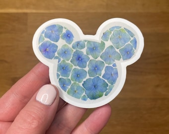 Mouse ear sticker, blue hydrangea flower, vinyl sticker - laptop- water bottle- party favor- theme park - California - Florida