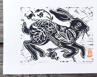 Hare Linocut Print | Woodland Rabbit Wall Art | Forest Animal Decor | Handmade Block Print