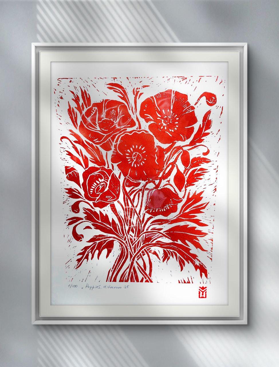 Terracotta Poppies Linocut Print: Handmade Botanical Art, A3