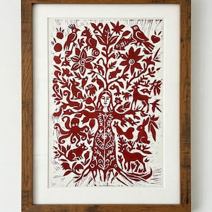 Tree Woman Linocut Print, A3, original handmade, wall art, hand-carved