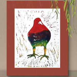 Moorhen Linocut Print: Dutch Water Bird Art, Handmade Minimalist Decor