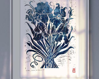 Irises Linocut Print: Blue Ink Floral Art, Garden-Inspired A3