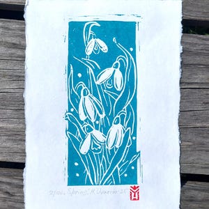 Snowdrops Linocut Print: Turquoise Blue Botanical Wall Art, A5