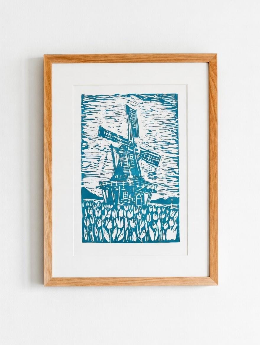 Dutch Windmill Linocut Print Delft Blue Tulip Field Wall Art (A3)