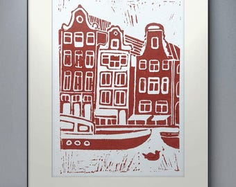Amsterdam Canal Houses Linocut Print: Terracotta Ink, Limited Edition A4