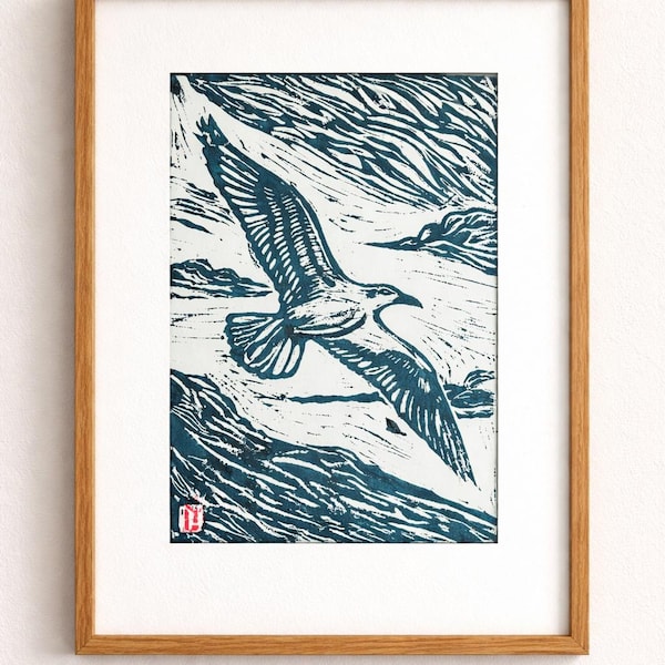 Seagull Linocut Print | Bird Wall Art | Coastal Nature Print | Blue Ink | A4