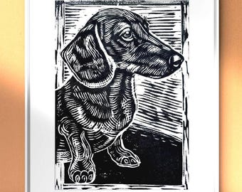 Retrato de mascota personalizado: Impresión artística de perro, hecha a mano, linograbado, tamaño A4, ejemplo de perro salchicha