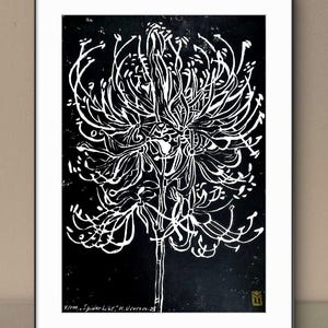 Spider Lily Linocut Print: Limited Edition Black & White Botanical Art