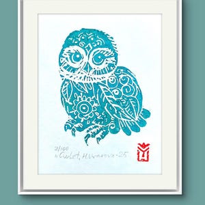 Little Owl Linocut Print: Turquoise Whimsical Bird Art, A5
