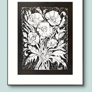 Mazzo di papaveri – Stampa linoleografica A3 su inchiostro nero – Arte botanica con inchiostro bianco – Natura morta floreale monocromatica – Stampa in rilievo in edizione limitata