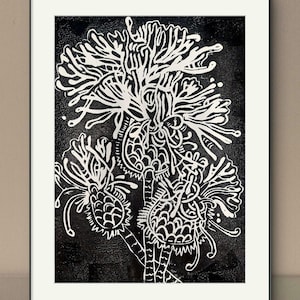 Stampa linoleografica di prugnolo – Inchiostro nero A3 su carta bianca – Arte botanica stampata a mano – Arte murale con natura monocromatica – Edizione limitata