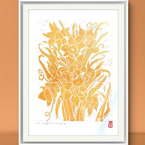 Narzissen – A3 Handgefertigter Linoldruck – Botanische Wandkunst mit Goldtinte – Blumengarten Serie – Minimalistischer Frühlingsdruck – Natur Wohndekor