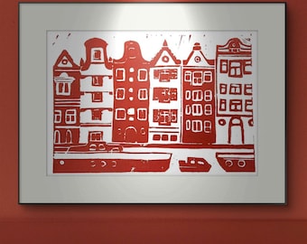 Amsterdam Canal Houses Linocut Print: Terracotta Ink, Limited Edition A4