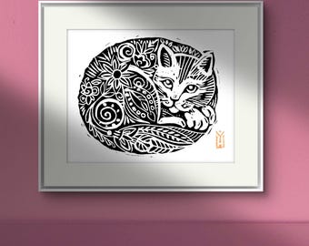 Hand-Carved Linocut Cat Print: Minimalist Black and White A4 Artwork
