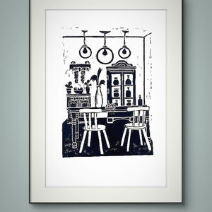 Impression linogravure : intérieur vintage noir et blanc avec fleurs (A2)