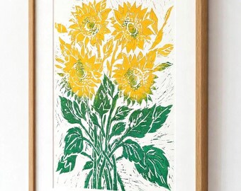 Yellow Sunflower Linocut Print | Two-Color Botanical Wall Art | Yellow Green Flower Decor | Handmade A3