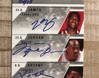 Jordan, Lebron, Kobe RP Triple Autograph Facsimile NBA Card