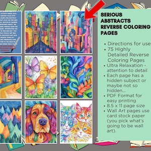 Puede incluir: Un conjunto de 75 páginas para colorear inversas que presentan diseños abstractos detallados. Las páginas son perfectas para la relajación y el alivio del estrés. La imagen de portada muestra una ciudad colorida con un camino que conduce a una montaña.